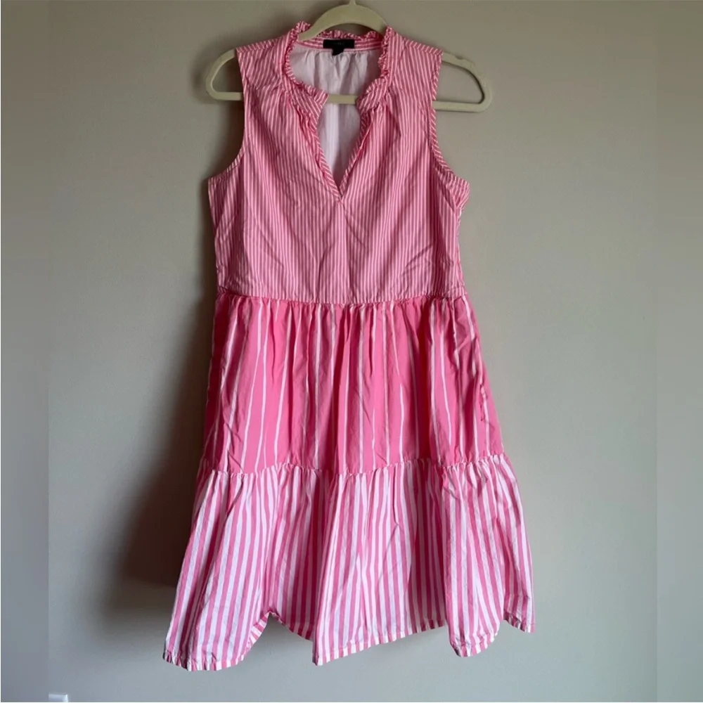 J. Crew Women's Sleeveless Tiered Popover Dress Mixed Stripe Pink Small Preppy
